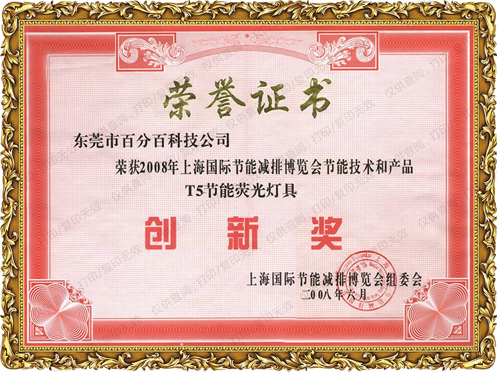 2008年上海國際節(jié)能減排博覽會(huì)節(jié)能技術(shù)和產(chǎn)品T5節(jié)能熒光燈具獲創(chuàng)新獎(jiǎng)